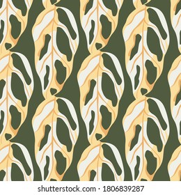 Monstera silhouettes seamless pattern. Doodle exotic print in white and yellow tones on green background. Decorative backdrop for wallpaper, textile, wrapping paper, fabric print. Vector illustration.