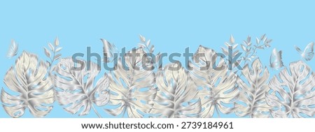 monstera silver leaves on a blue background with  silver butterfly.Close-up,long. Design element
