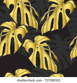 monstera sketch by hand drawing.Plam leaf vector pattern on vintage background.Vector leaves art highly detailed in line art style.Tropical seamless for wallpaper.