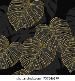 Monstera Sketch By Hand Drawing.Plam Leaf Vector Pattern On Vintage Background.Vector Leaves Art Highly Detailed In Line Art Style.Tropical Seamless For Wallpaper.