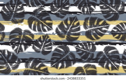 Monstera striped leaves botanical repeat pattern over stripes background. Trendy textile template graphic design. Fresh monstera foliage. Tropical background.