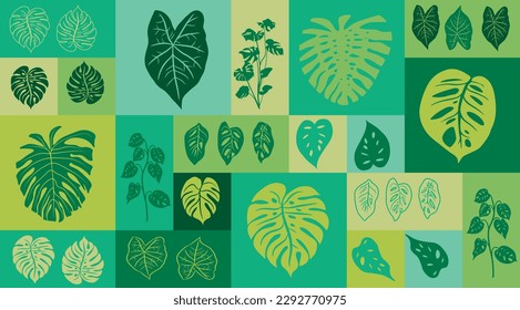 Monstera Thema. Muster mit Blättern der brasilianischen Pflanze Adam's Rippen. Hintergrund mit Blättern verschiedener Größen innerhalb von Quadraten. Vektorgrafik.