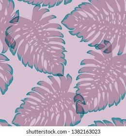 Monstera transparent tropical leaves summer endless pattern. Exotic print for swimsuits. Floral seamless pattern.