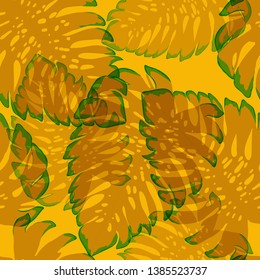 Monstera transparent tropical leaves summer endless pattern. Exotic print for swimsuits. Floral seamless pattern.