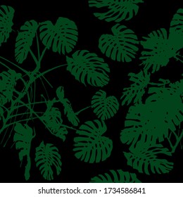 Monstera tree silhouette. Green tree. Seamless background. Vector illustration