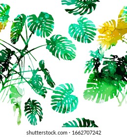 Monstera tree silhouette. Multi-colored watercolor tree. Seamless background. Mixed media. Vector illustration