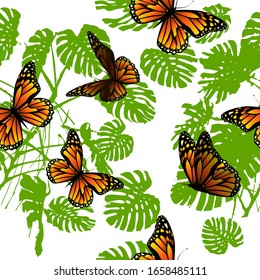 Monstera-Baumsilhouette. Nahtloser Hintergrund mit Schmetterlingen. Vektorillustration