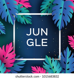 Monstera Trendy Jungle banner. Paper cut Tropical palm leaves, plants. Exotic. Hawaiian. Space for text. Square frame. Bright Colorful jungle floral background. Origami.