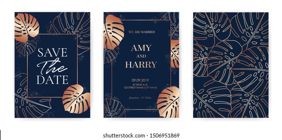 Monstera Tropical, Blue and Golden luxurious Wedding cards, invitation template.