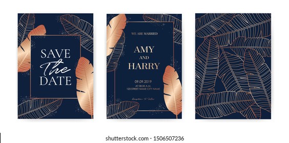 Monstera Tropical, Dark blue and Golden luxurious invitation template, weddings card.	