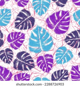 Monstera tropisches Blattwerk botanische Wiederholungsrapport auf geräuschvollem Hintergrund. Einfaches Vektordesign mit Hintergrundmustern. Frische Philodendronblätter. Botanischer Hintergrund.