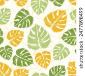 Monstera tropical foliage floral seamless pattern over noisy background. Simple fabric sample graphic design. Houseplant ceriman leaves. Botanical backdrop.
