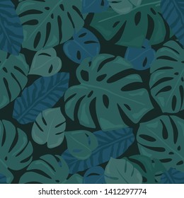 Monstera tropical forest leaves background. Green seamless pattern. Vector illustration