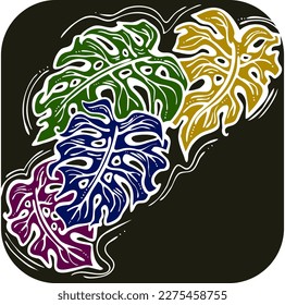 Monstera tropical green leaf drawing. Exotic nature palm plants theme illustration, decorative vector element for logo design, postcard, party invitation deco, restaurant menu, spa salon. Hand drawing