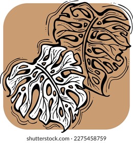 Dibujo de hoja verde tropical de Monstera. Ilustración temática de plantas de palma de naturaleza exótica, elemento decorativo vectorial para el diseño del logo, postal, invitación a fiesta deco, menú del restaurante, salón de spa. Dibujo manual