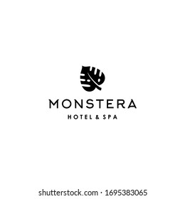 monstera tropical leaf logo badge vector icon illustration in natural Geometric suitable for spa or hotel business