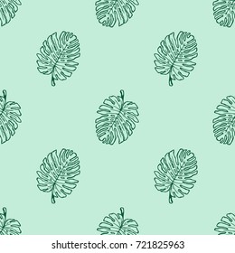 Monstera tropical leaf seamless pattern outline vector illustration background