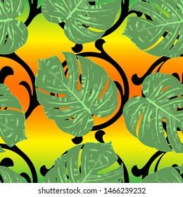 Monstera tropical leaf vector illustration. Summer print. Seamless pattern