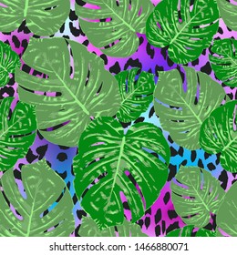 Monstera tropical leaf vector illustration. Summer print. Seamless pattern