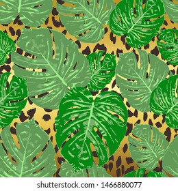 Monstera tropical leaf vector illustration. Summer print. Seamless pattern