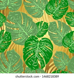 Monstera tropical leaf vector illustration. Summer print. Seamless pattern