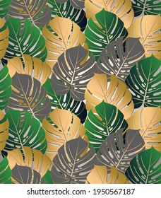 Monstera tropical leaf vector illustration. Summer print. Vector banner. ink line art design. Seamless Pattern.