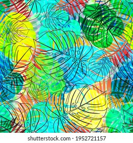 Monstera tropical leaf vector illustration. Summer print. Vector banner. ink line art design. Seamless Pattern.