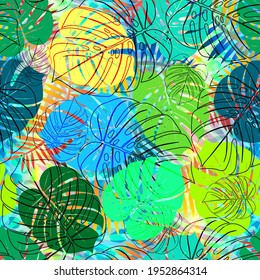 Monstera tropical leaf vector illustration. Summer print. Vector banner. ink line art design. Seamless Pattern.