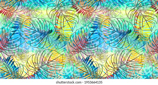 Monstera tropical leaf vector illustration. Summer print. Vector banner. ink line art design. Seamless Pattern.