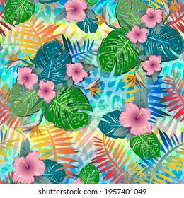 Monstera tropical leaf vector illustration. Summer print. Vector banner. ink line art design. Seamless Pattern.