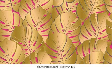 Monstera tropical leaf vector illustration. Summer print. Vector banner. ink line art design. Seamless Pattern.