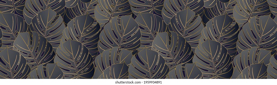 Monstera tropical leaf vector illustration. Summer print. Vector banner. ink line art design. Seamless Pattern.