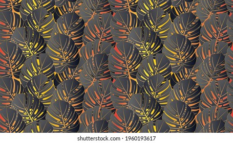 Monstera tropical leaf vector illustration. Summer print. Vector banner. ink line art design. Seamless Pattern.