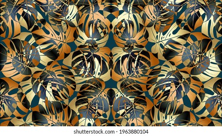 Monstera tropical leaf vector illustration. Summer print. Vector banner. ink line art design. Seamless Pattern.