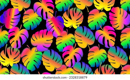 Monstera tropical leaf vector illustration. Summer print. Vector banner. ink line art design. Seamless Pattern.