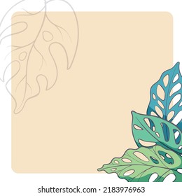 Monstera tropical leaves. Beautiful hand drawn exotic plants. Vector illustration tropical template. Place for text.