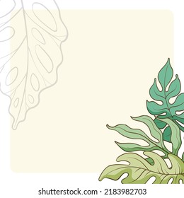 Monstera tropical leaves. Beautiful hand drawn exotic plants. Vector illustration tropical template. Place for text.
