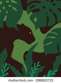 Monstera tropical leaves and black panther on dark blue background. Good for poster design and travel postcards. Vector illustration. 