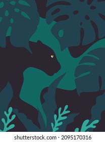 Monstera tropical leaves and black panther on dark blue background. Good for poster design and travel postcards. Vector illustration. 