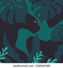 Monstera tropical leaves and black panther on dark blue background. Good for poster design and travel postcards. Vector illustration EPS10