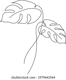 Monstera tropical leaves in continuous line drawing. Minimalist modern art. Vector illustration.