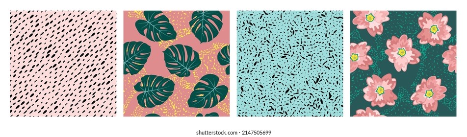 Monstera tropical leaves, pink flowers. Collage contemporary floral and polka dot shapes seamless pattern set. Modern exotic design for cover, fabric, interior decor.