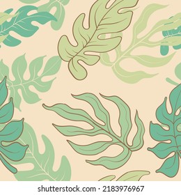 Monstera tropische Blätter. Nahtloses Muster. Schöne handgezeichnete exotische Pflanzen.
