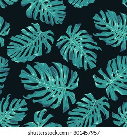Monstera. Tropical leaves seamless pattern. Vector background.