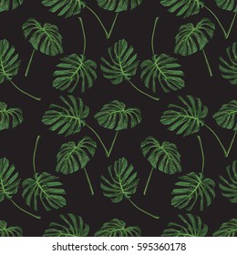 Monstera Tropical leaves seamless pattern on black background. Vector illustration