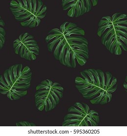 Monstera Tropical leaves seamless pattern on black background. Vector illustration