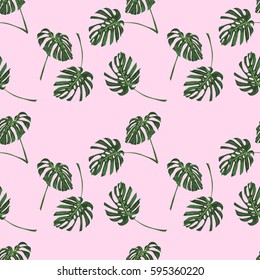 Monstera Tropical leaves seamless pattern on pink background. Vector illustration