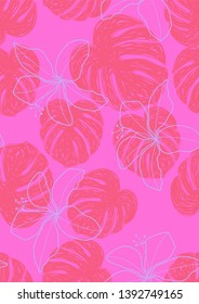 Monstera tropical leaves summer endless pattern. Exotic print for swimsuits. Floral seamless pattern.