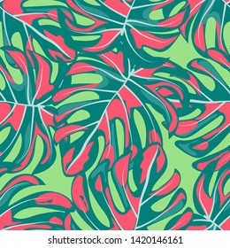 Monstera tropical leaves summer endless pattern. Exotic print for swimsuits. Floral seamless pattern.
