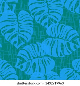 Monstera tropical leaves summer endless pattern. Exotic print for swimsuits. Floral seamless pattern.
